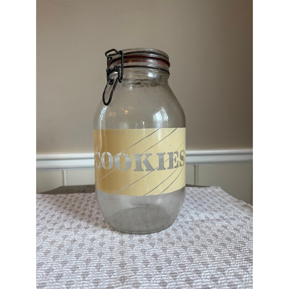 Vintage 3L Glass Cookie Jar Wire Bail Lid Farmhouse Kitchen Canister